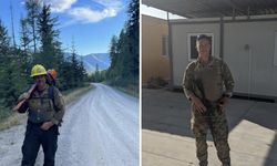 1st photo: Veteran holding a chainsaw on dirt road; 2nd photo: Veteran standing for camera in front of building
