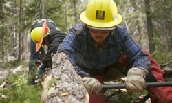 A crew member pries a rock with another crew member in the background